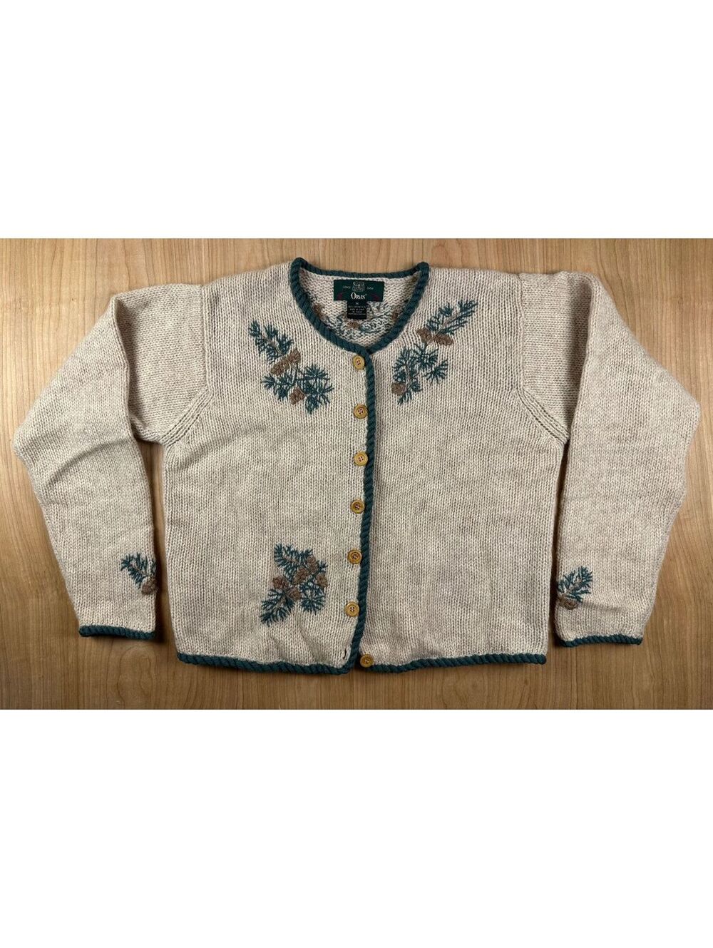 Vintage 90s Orvis Embroidered Cardigan Sweater medium wood buttons pinecone gorp